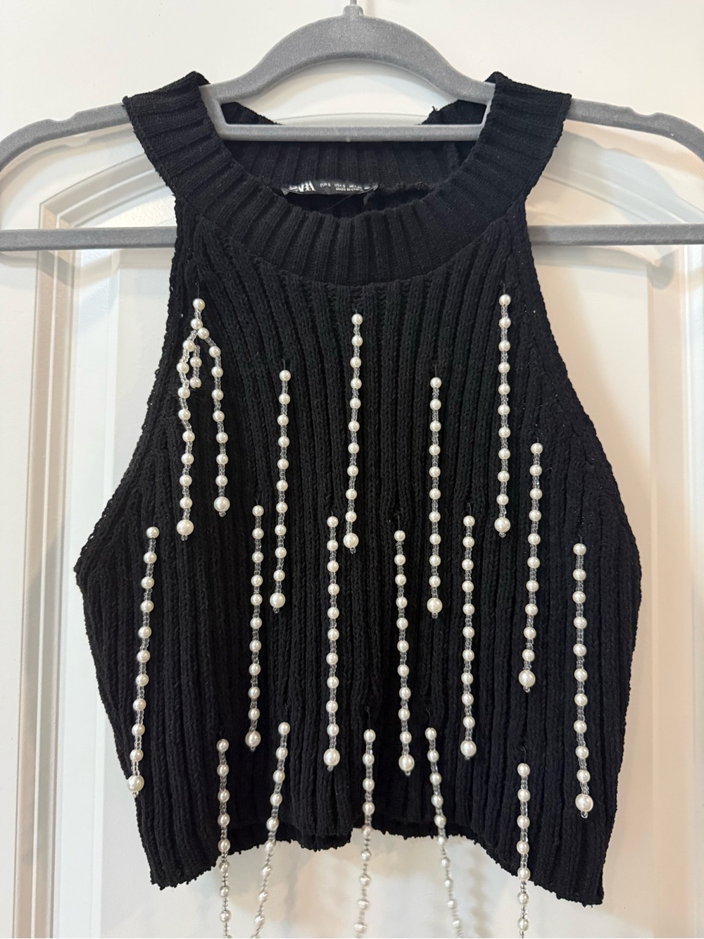 Zara Black Ribbed Halter Tank with Pearl Strand Detailing